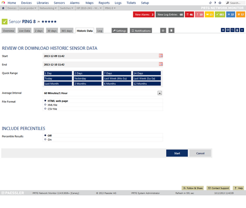 Historic Data Tab of a Ping Sensor