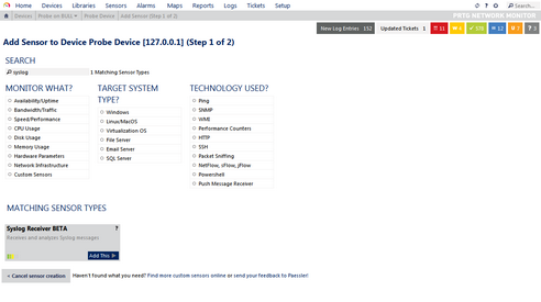Syslog Receiver Sensor in the Add Sensor Dialog